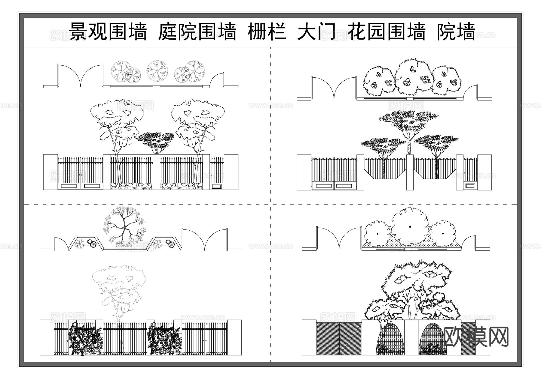 景观围墙 庭院围墙 绿植花园院墙 栅栏护栏 别墅院墙 大门cad图库