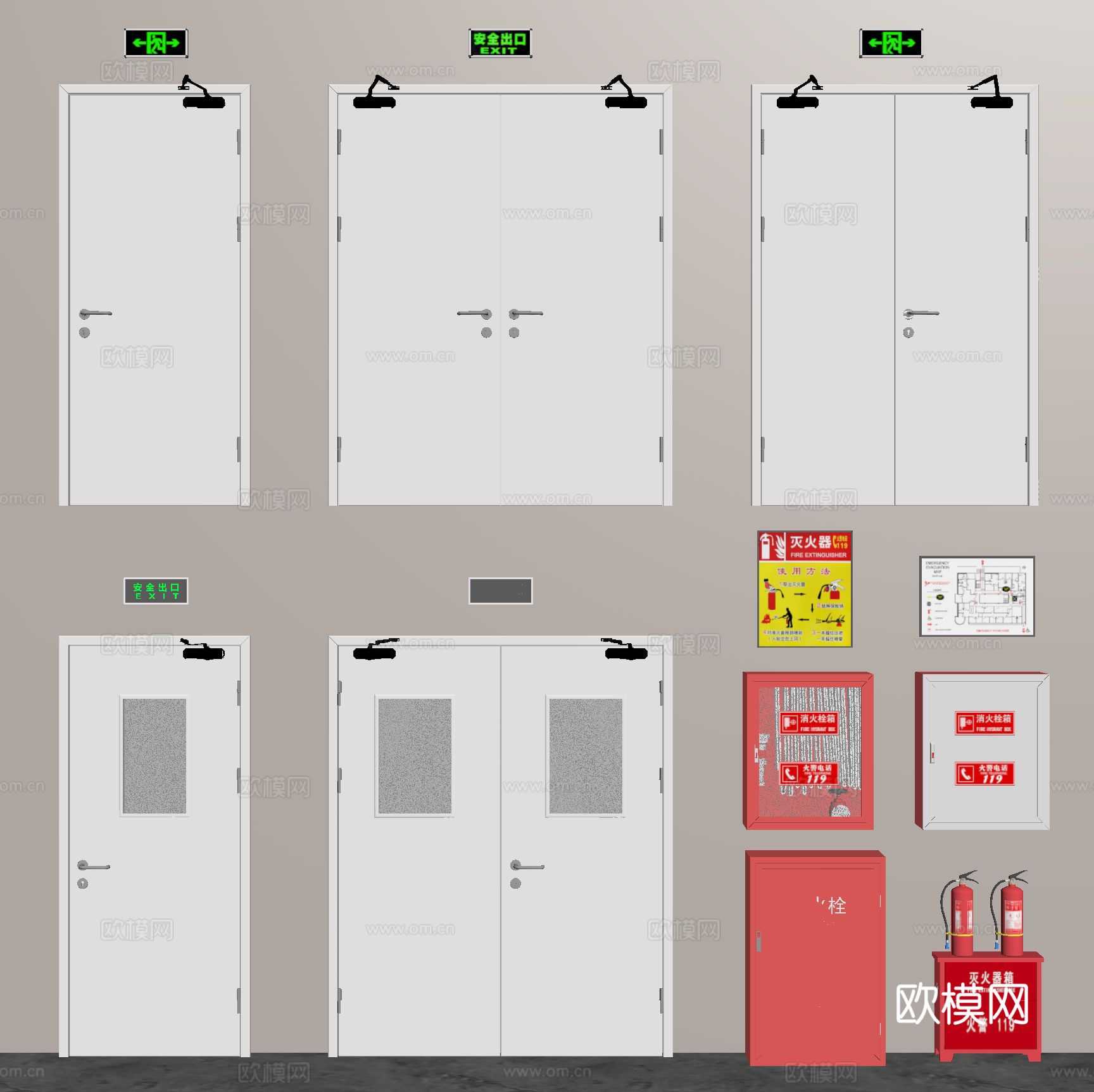 消防门 防火门 安全门 消防栓 灭火器 消防器材su模型