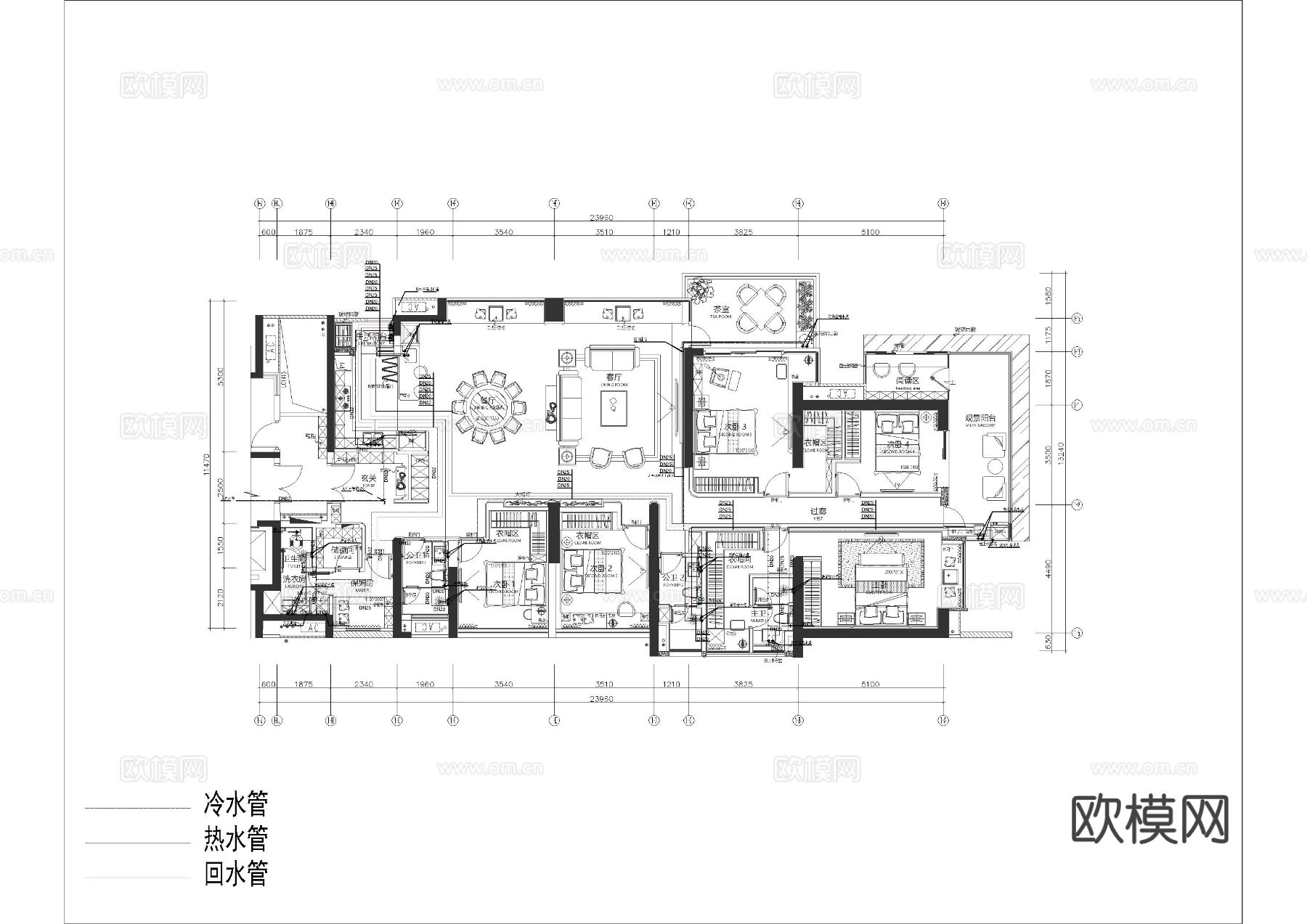 大平层家装水电图CAD施工图下载（渲染图5）