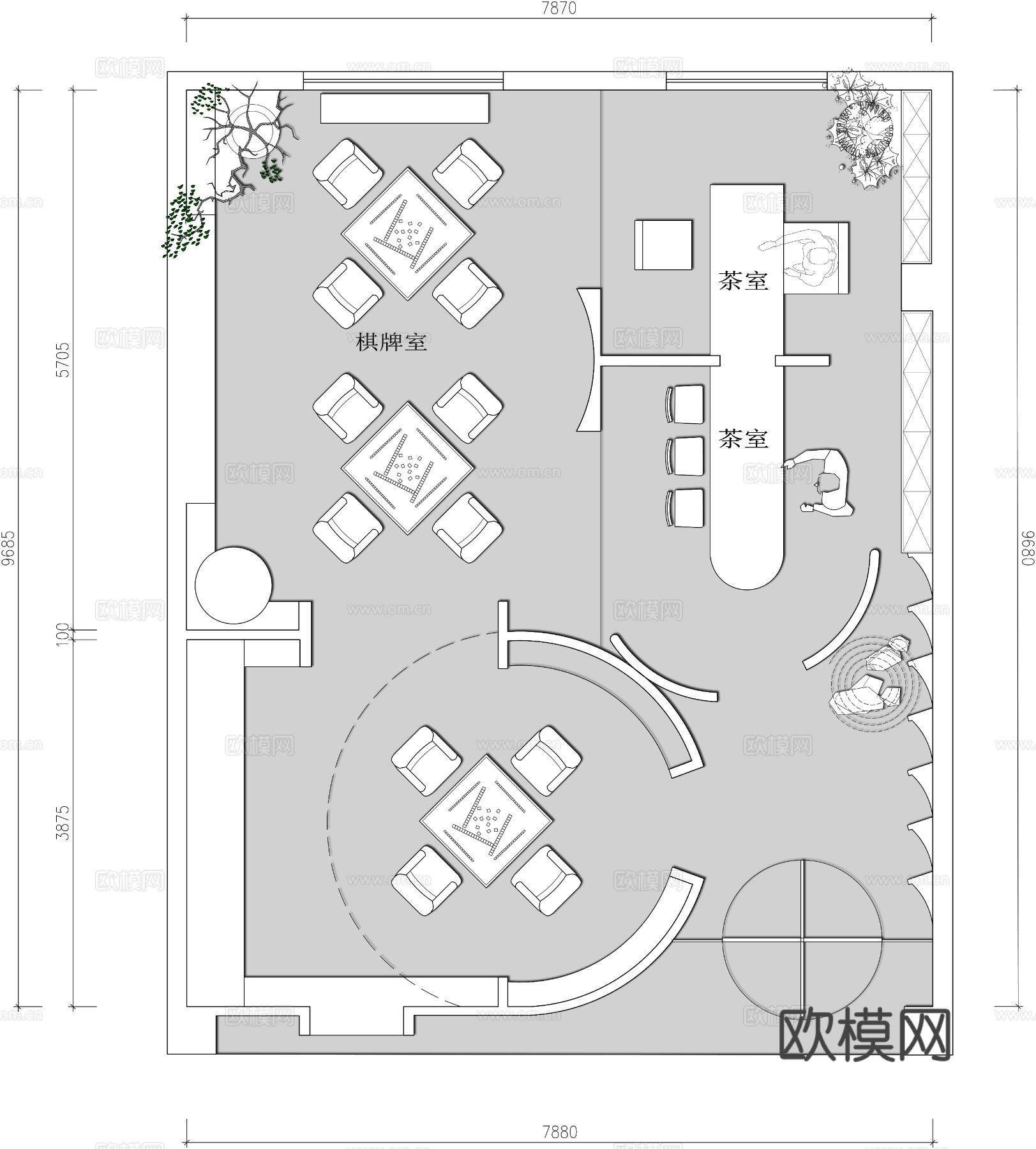棋牌室 茶室CAD平面图