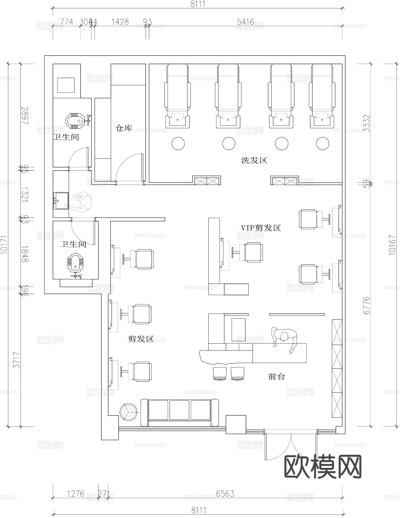 美发沙龙 理发店CAD平面图