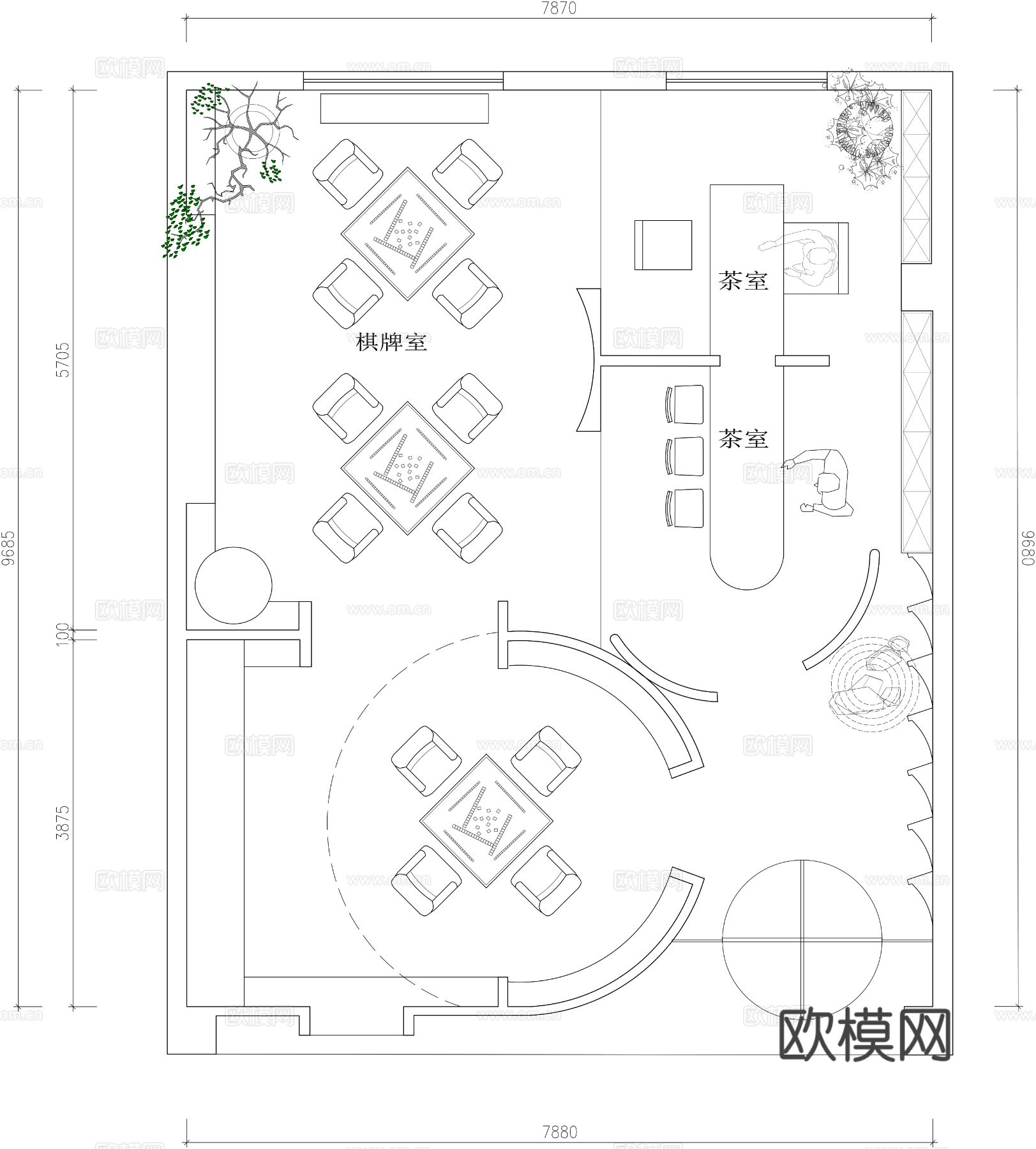 棋牌室 茶室CAD平面图