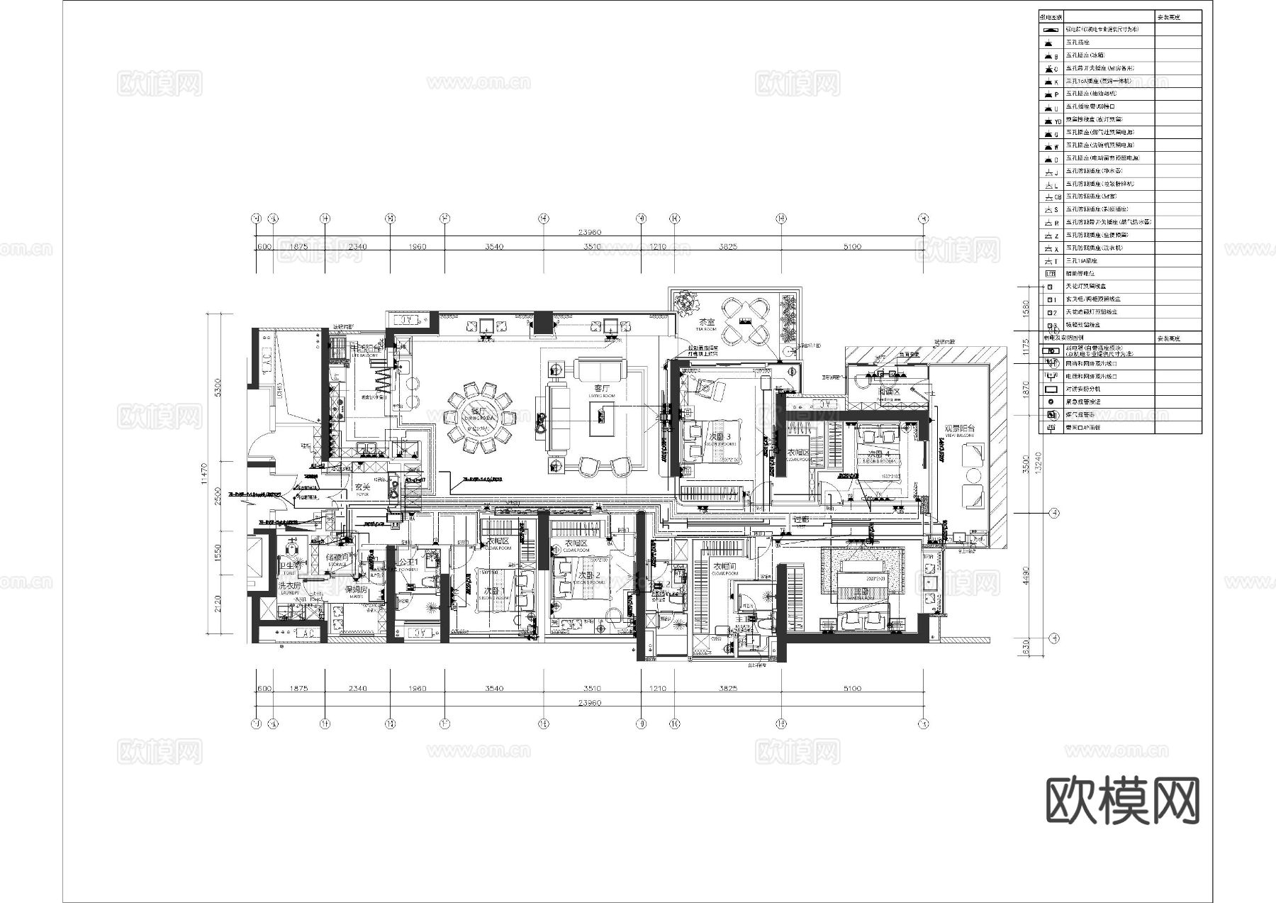 大平层家装水电图CAD施工图下载（渲染图4）