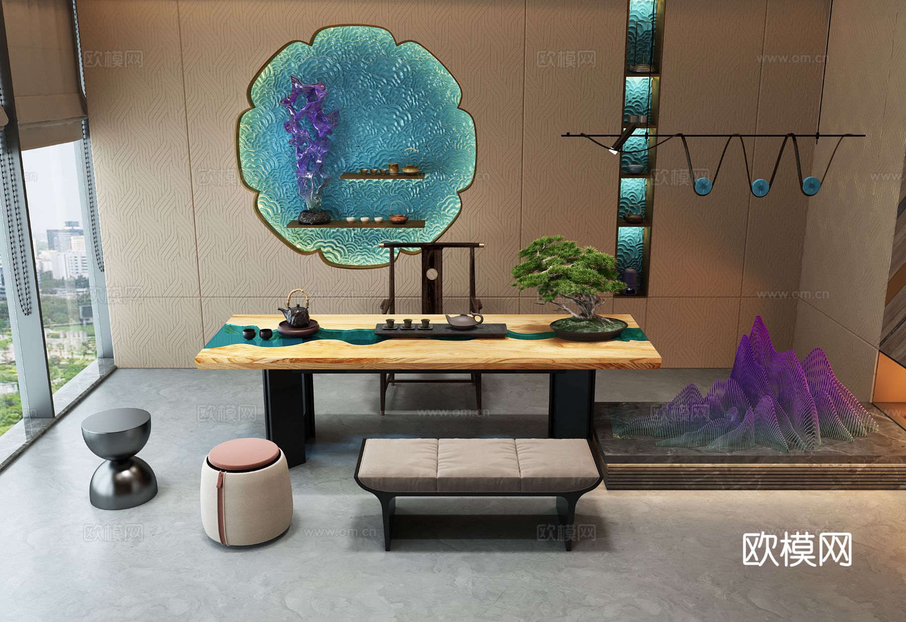 新中式茶室3d模型下载（渲染图2）