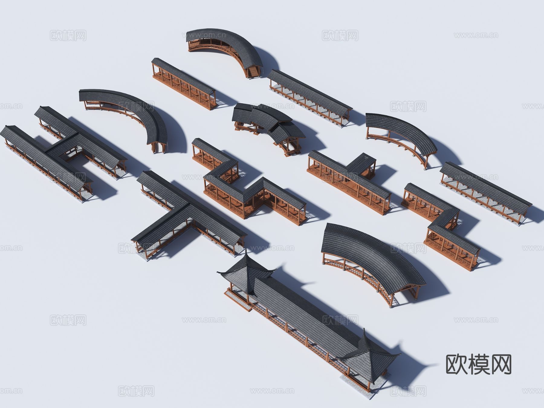 中式弧形连廊 弧形仿古长廊 弧形廊架 弧形连廊3d模型