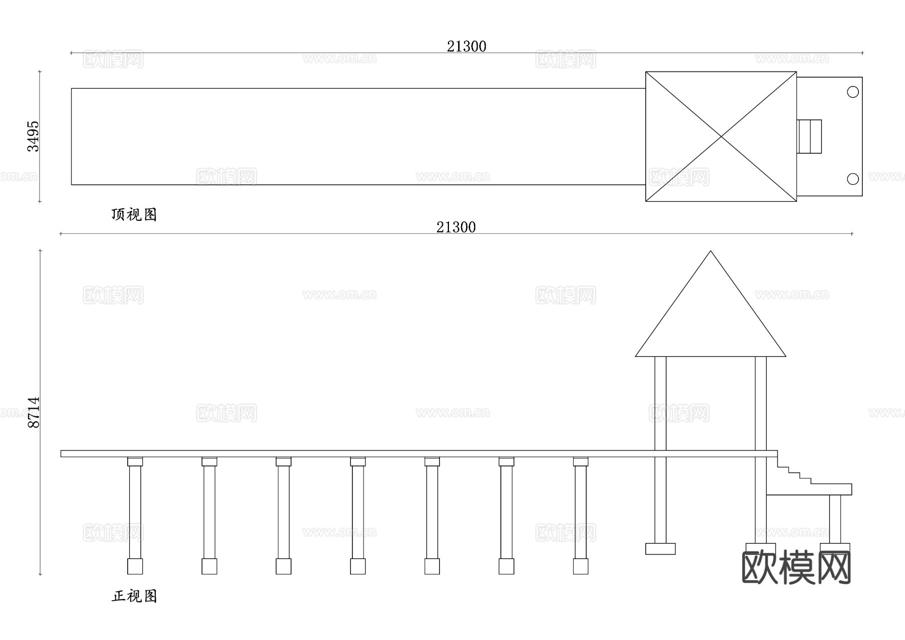 码头小屋 码头休息室 码头亭子CAD顶视图