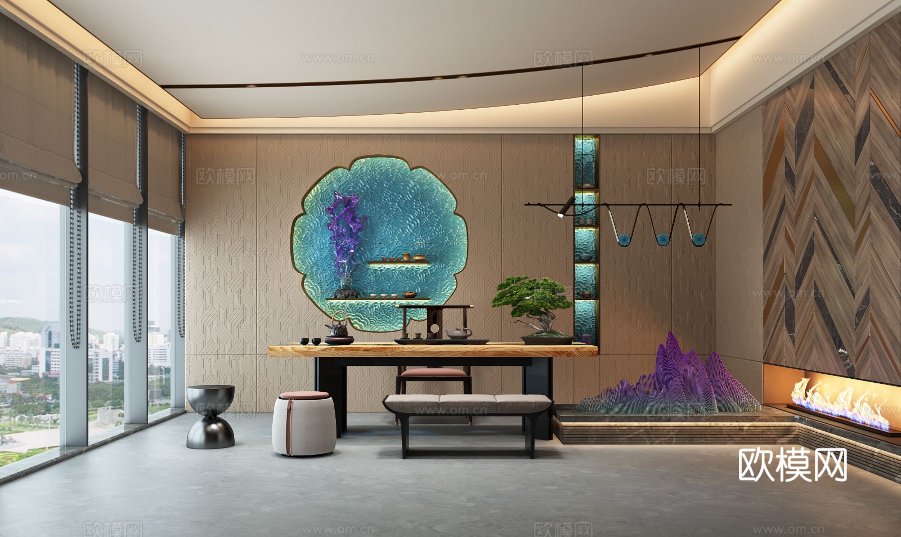 新中式茶室3d模型下载（渲染图1）