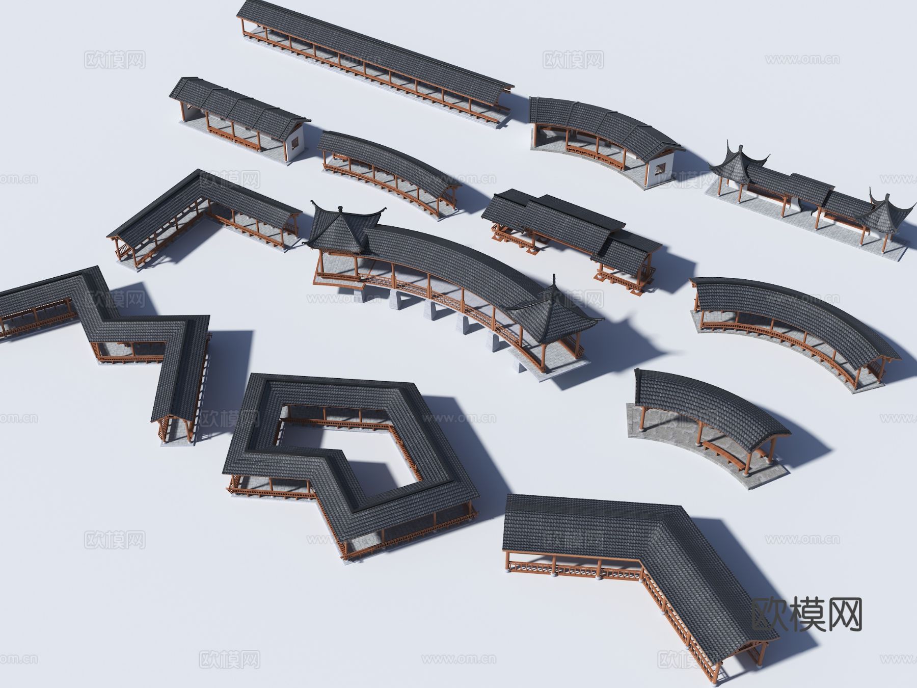 中式弧形连廊 弧形仿古长廊 弧形廊架3d模型