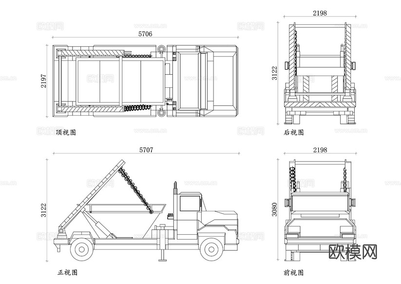 自卸卡車 自卸車 翻斗車 砂石車CAD三視圖下載