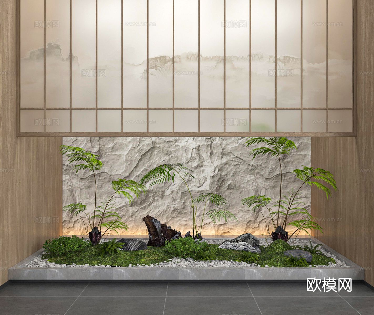 新中式室内造景 绿植堆 石头景观3d模型