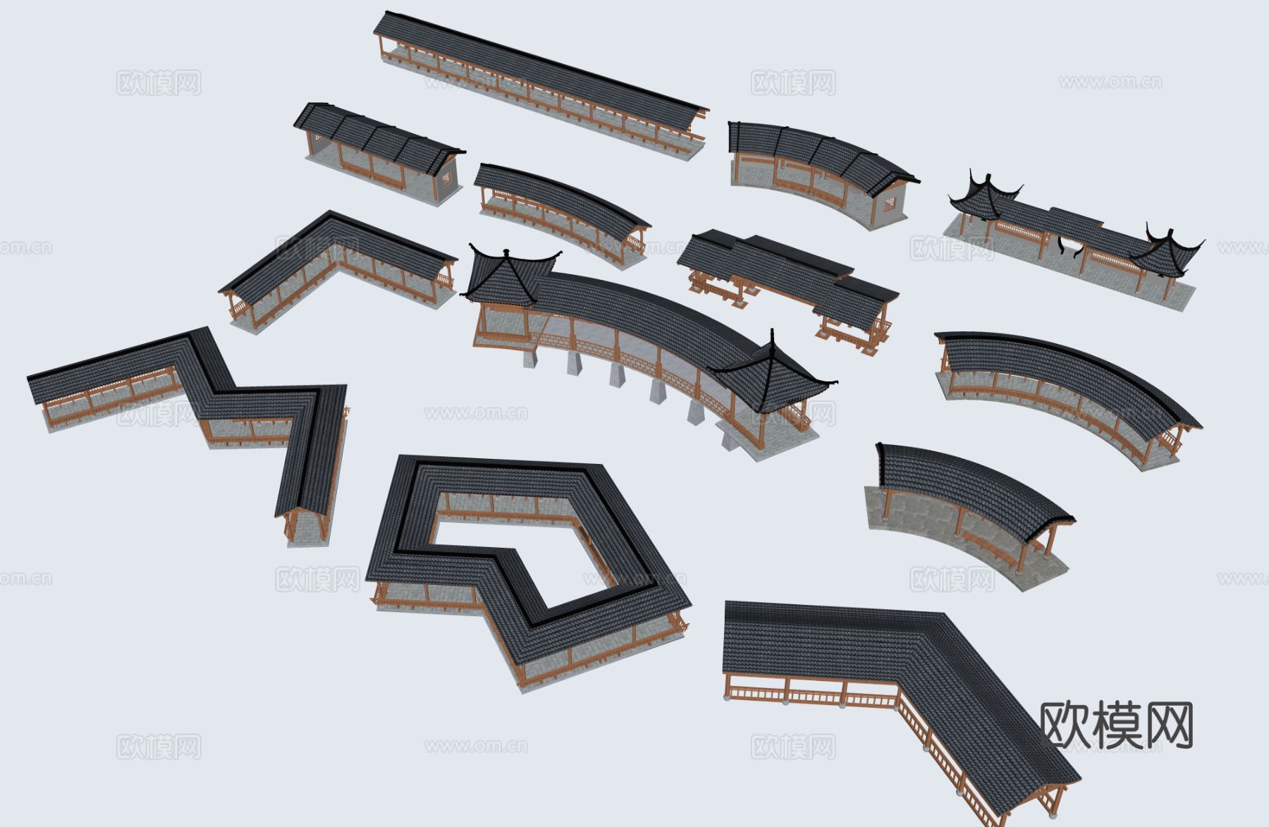中式弧形连廊 弧形连廊su模型