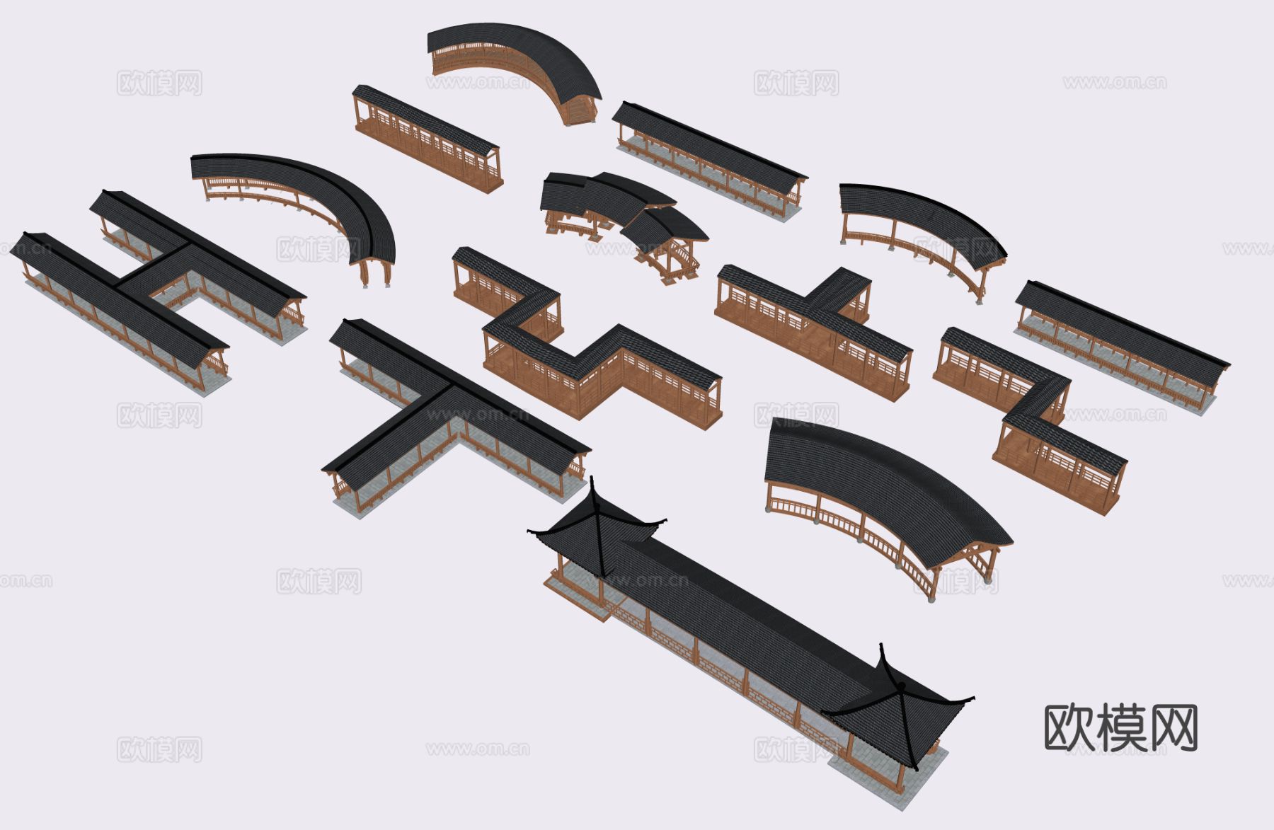 中式弧形廊架 弧形连廊su模型
