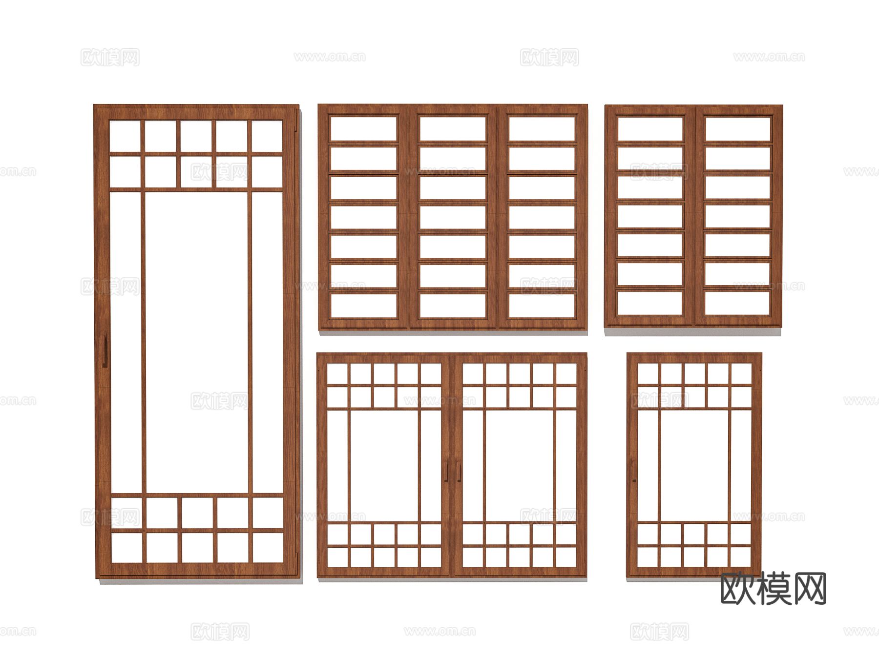侘寂实木门窗 双开门窗3d模型