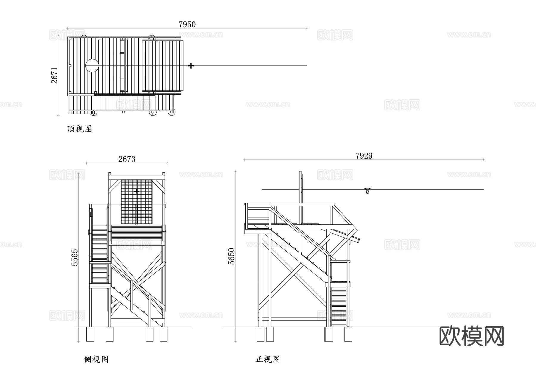 高空滑索钢结构 滑索支撑结构CAD三视图