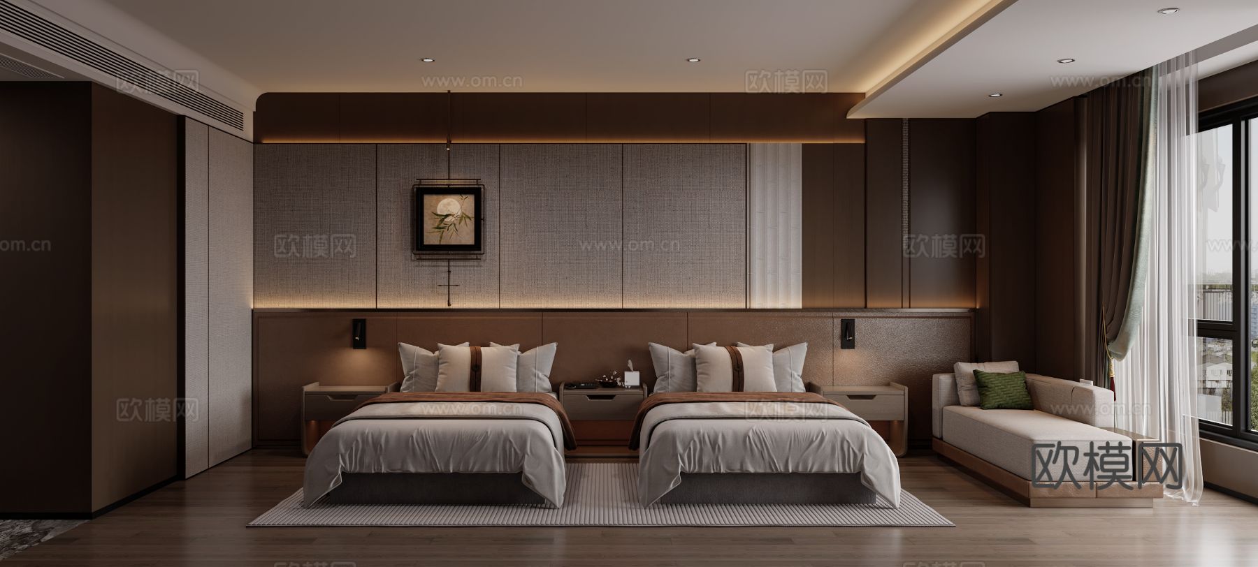 新中式民宿 双床房3d模型下载（渲染图1）