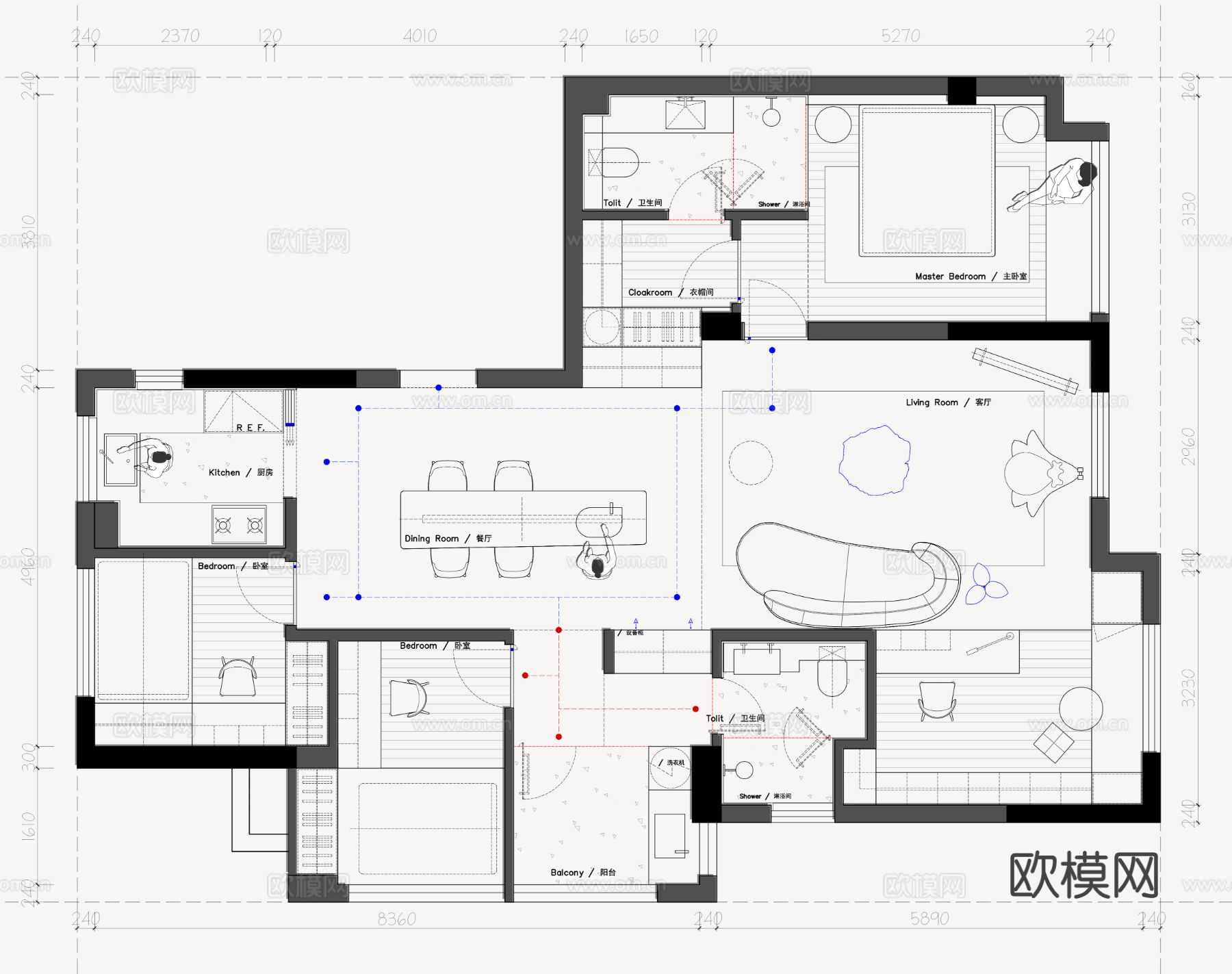 113㎡平层3+1房2稿方案家装平面图下载（渲染图2）