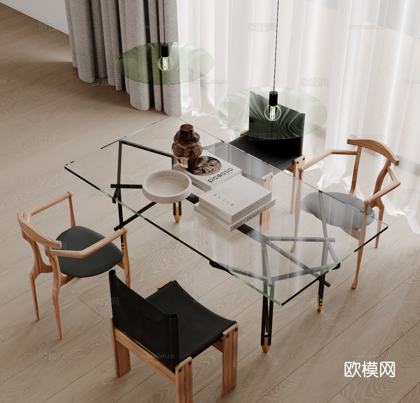 条形餐桌椅 玻璃餐桌3d模型下载