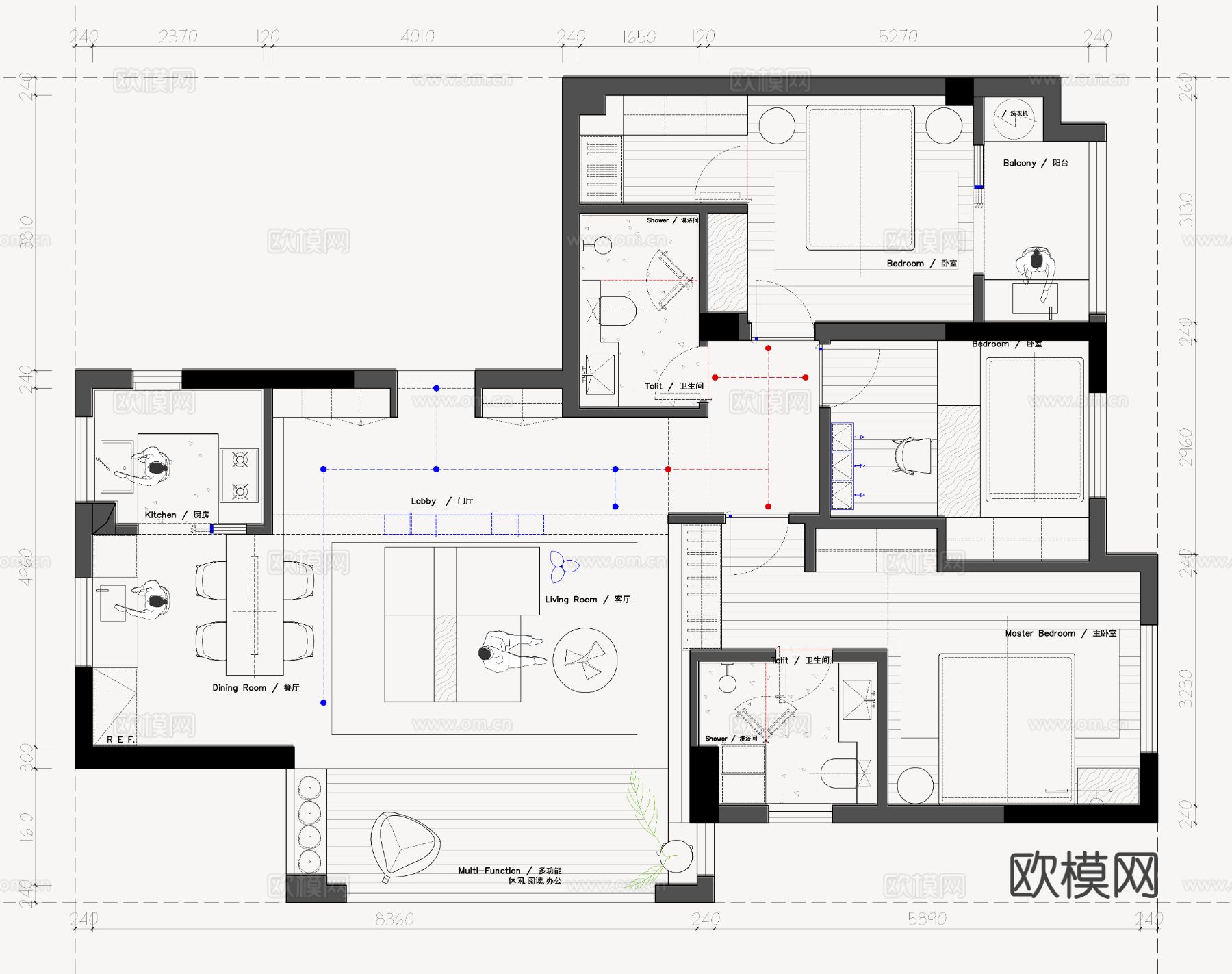 113㎡平层3+1房2稿方案家装平面图下载（渲染图1）