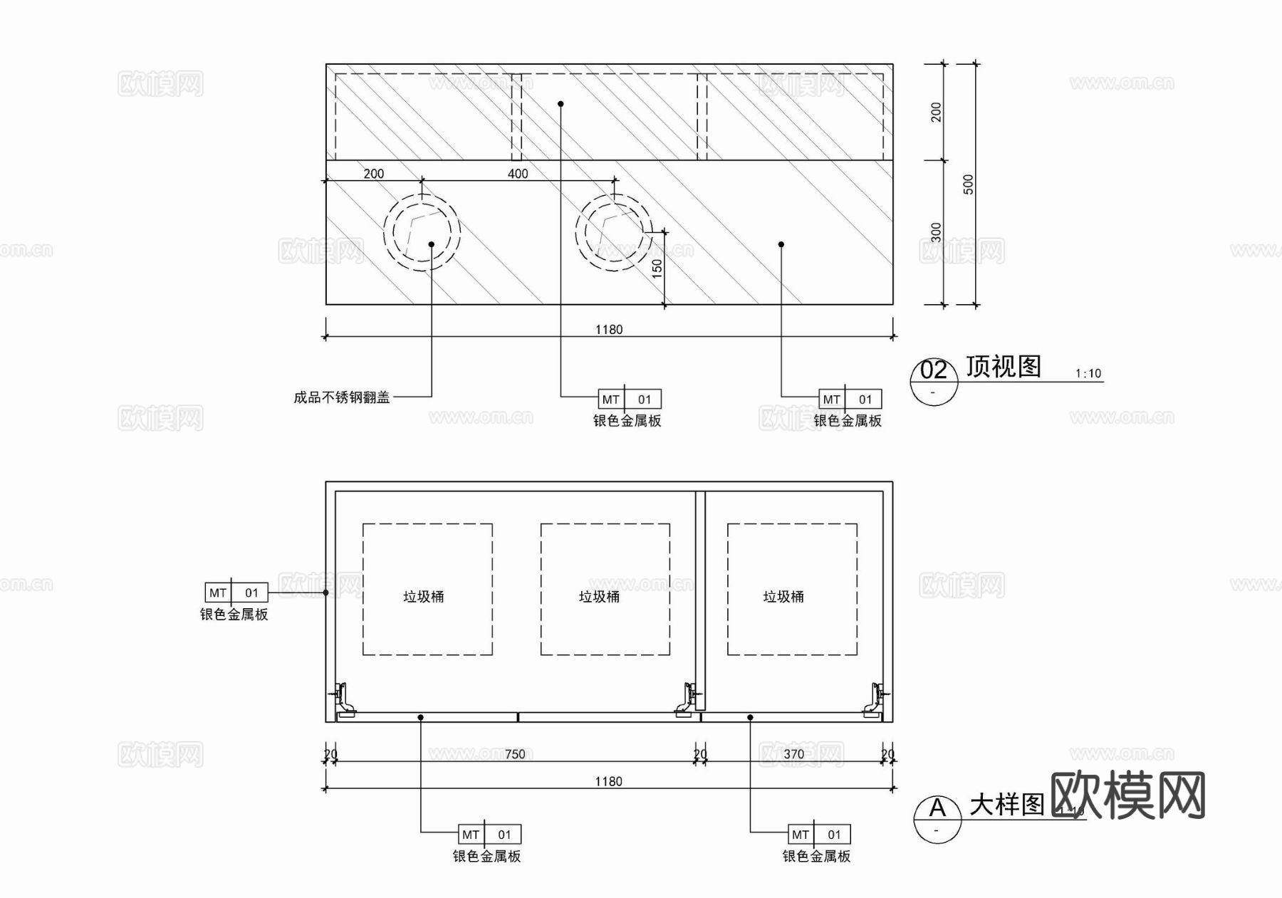 餐厅不锈钢回收垃圾桶节点大样图