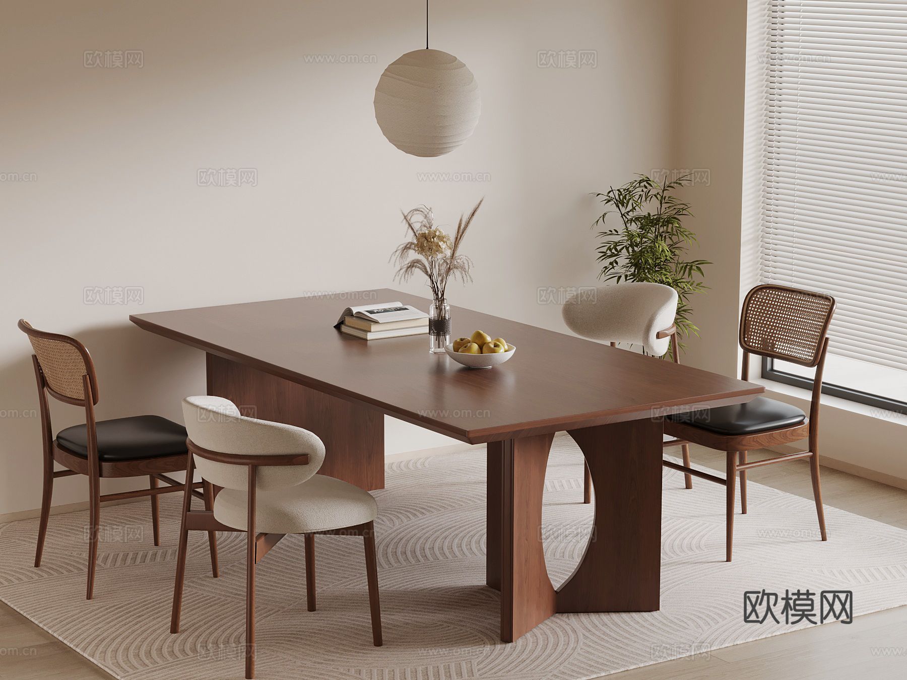 中古风餐桌椅 条形餐桌3d模型下载