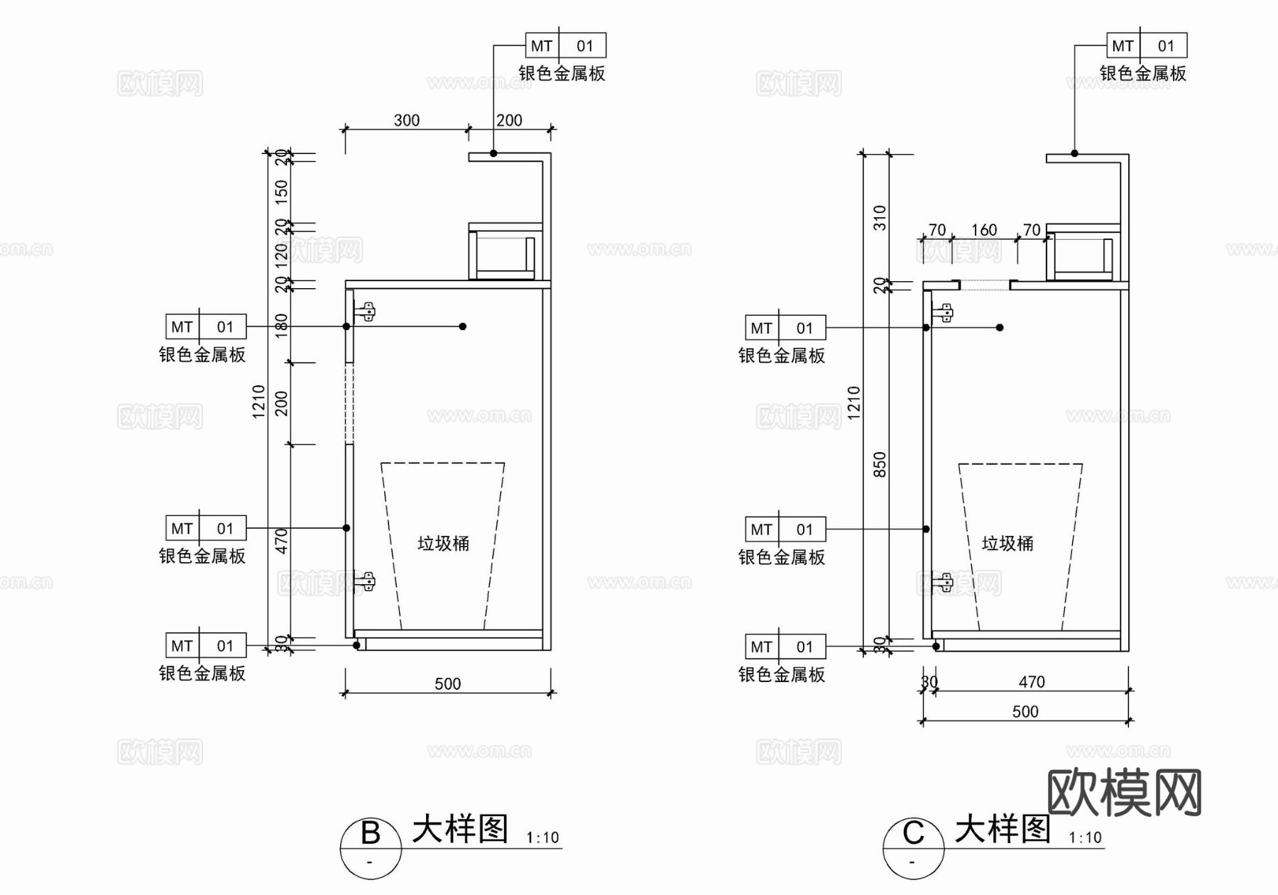 餐厅不锈钢回收垃圾桶节点大样图