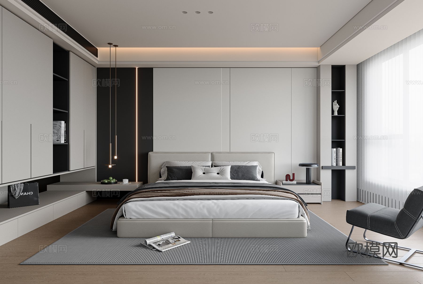 现代卧室 主卧3d模型下载（渲染图1）