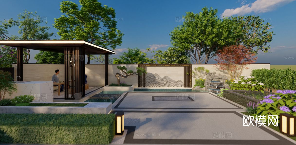 庭院亭子 水景假山 景墙cad大样图下载（渲染图4）