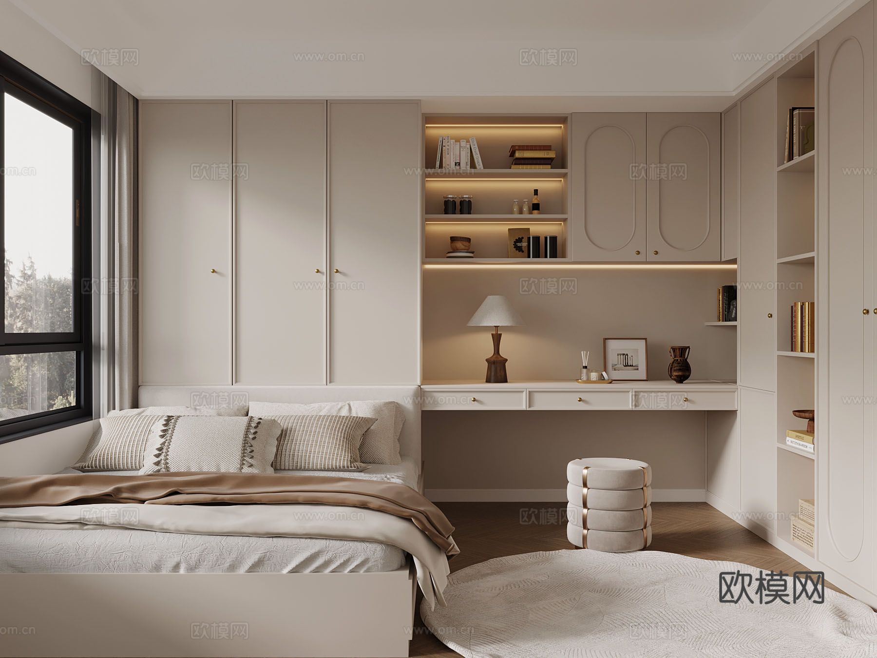 奶油风 榻榻米卧室3d模型下载