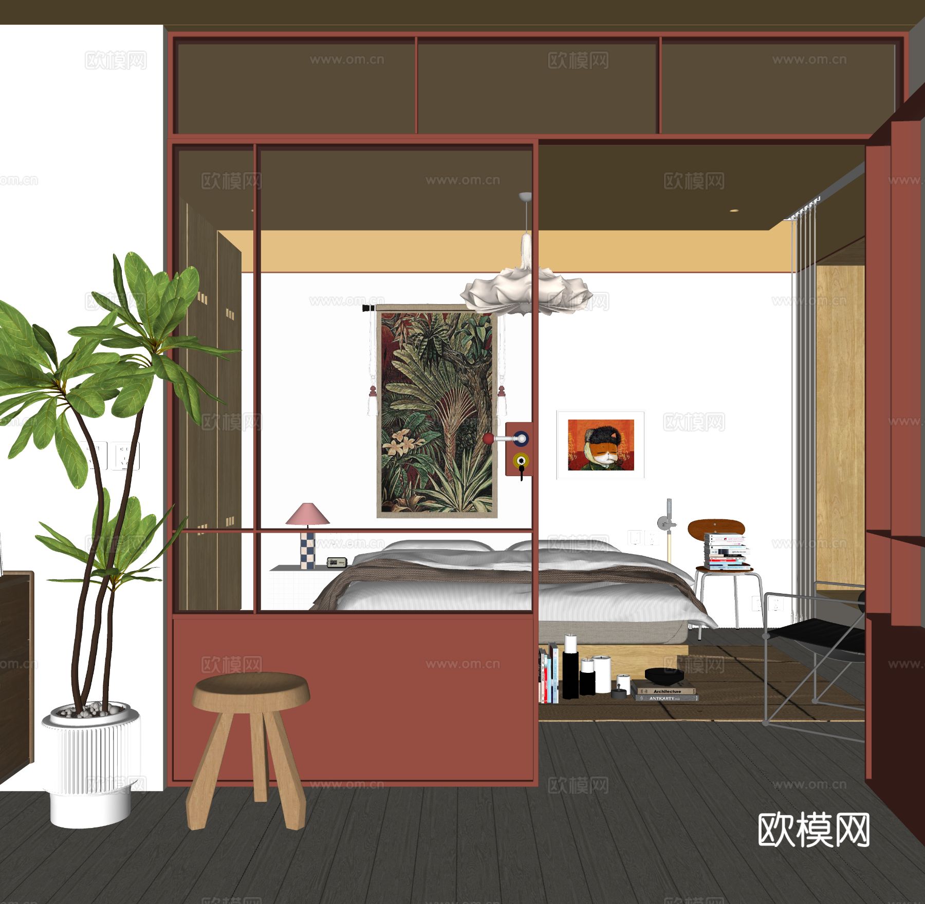 中古风卧室su模型下载（渲染图1）