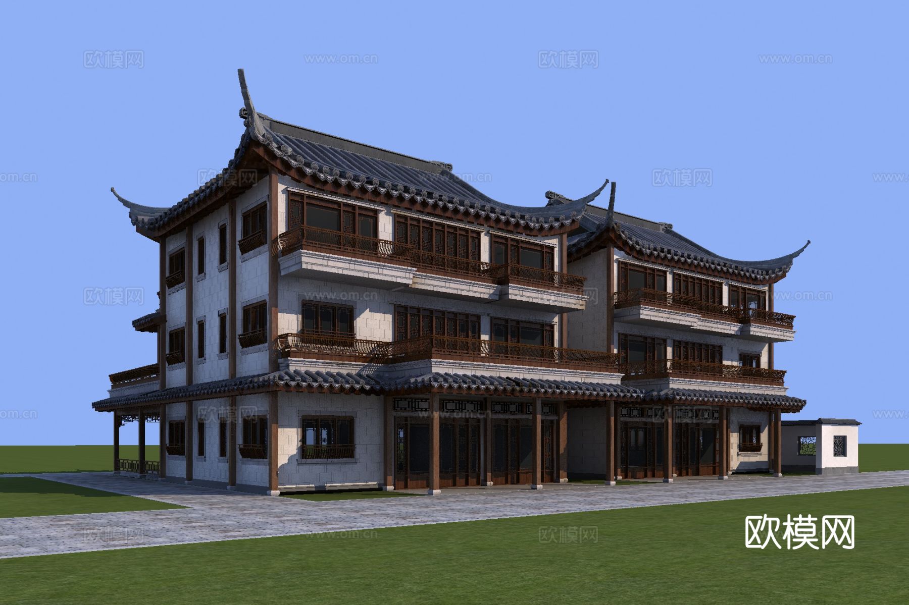 中式酒店外观3d模型下载