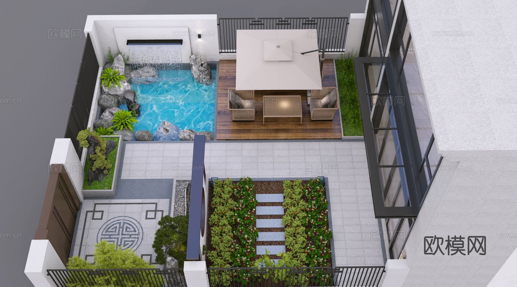 别墅庭院 花园3d模型下载（渲染图4）