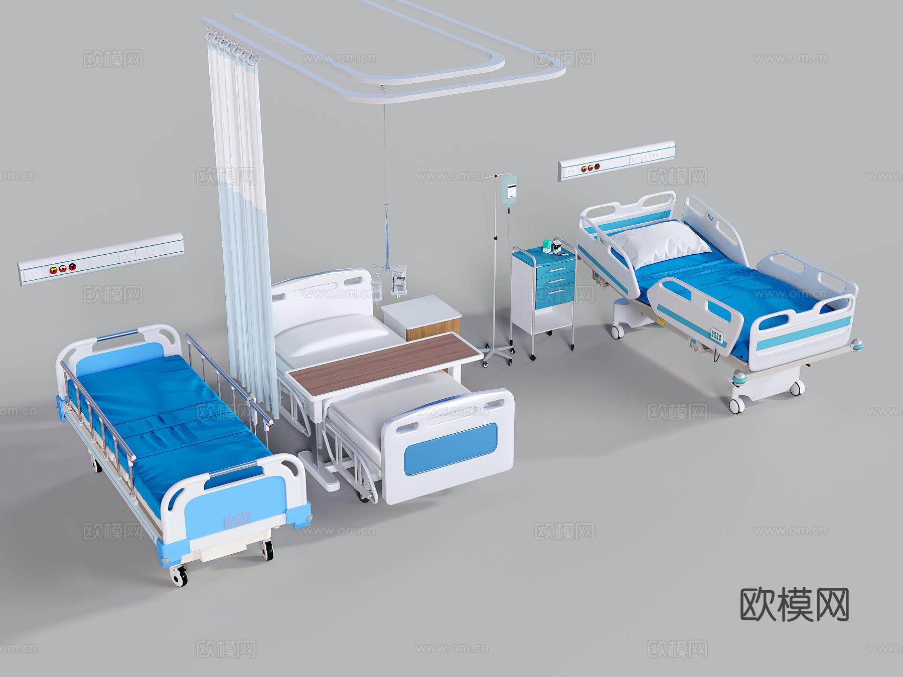 现代医疗设备 病床 吊瓶 治疗车 滑道窗帘3d模型