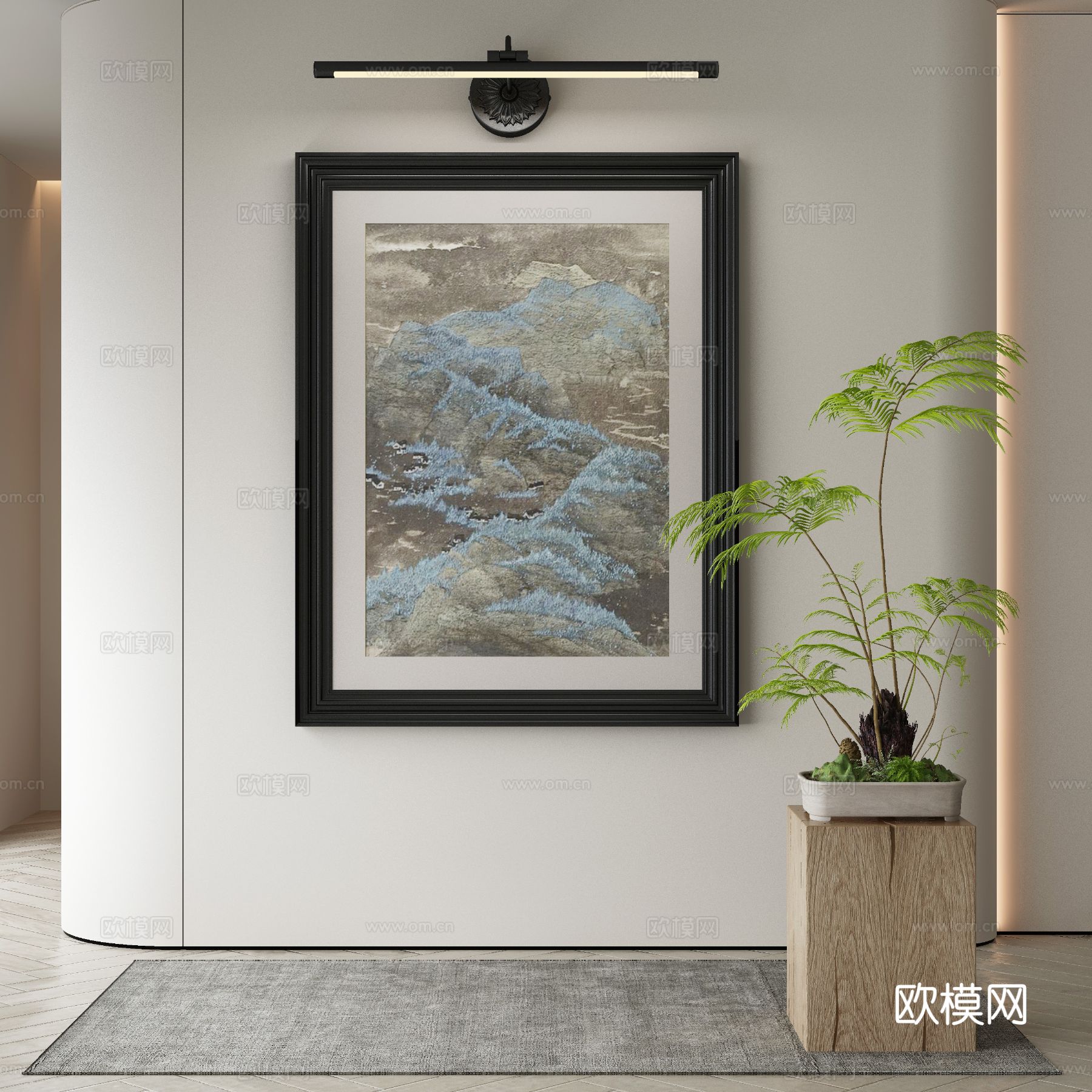 新中式装饰画 镜前灯 抽象挂画3d模型