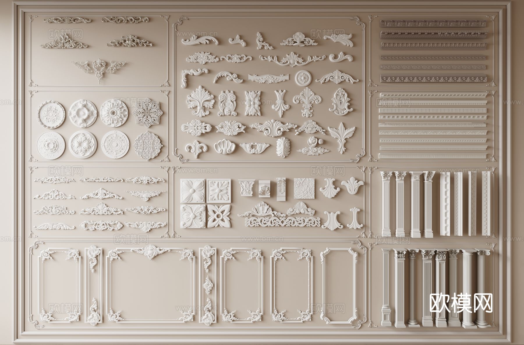 法式雕花 罗马柱 石膏构件 角花3d模型
