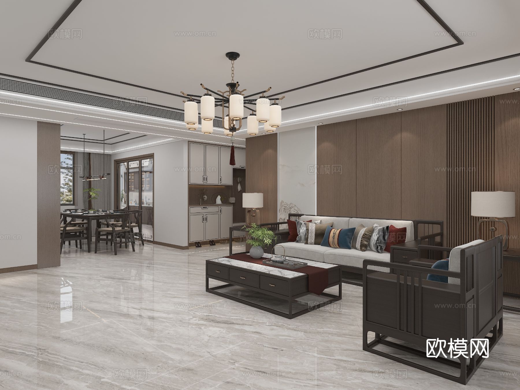 新中式平层 客餐厅装修效果图下载（渲染图5）