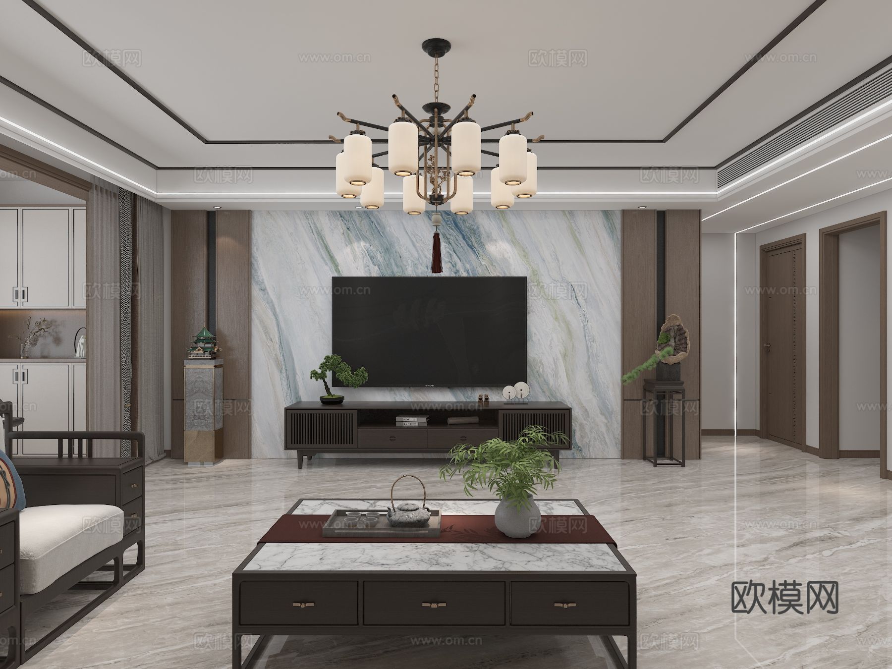 新中式平层 客餐厅装修效果图下载（渲染图6）