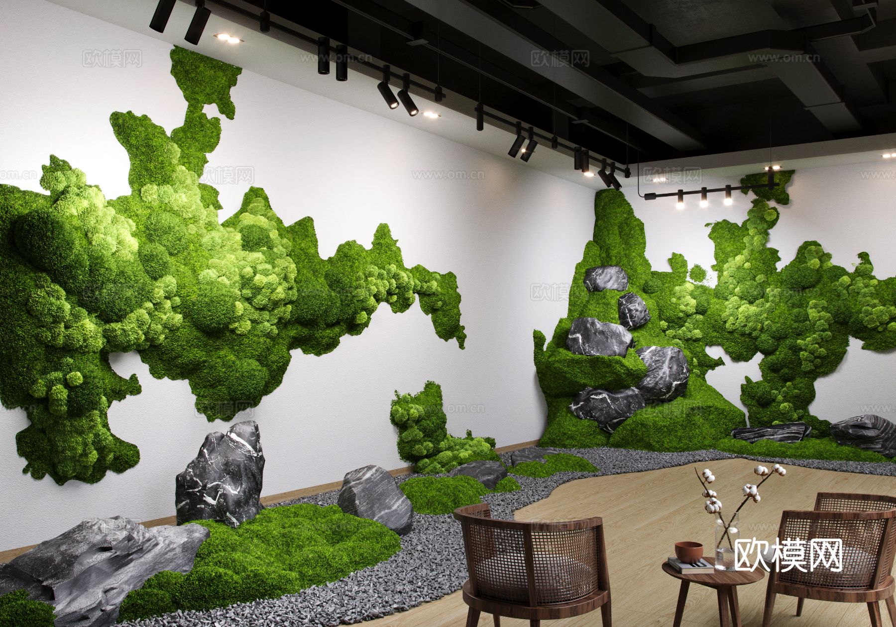 现代室内苔藓墙造景3d模型