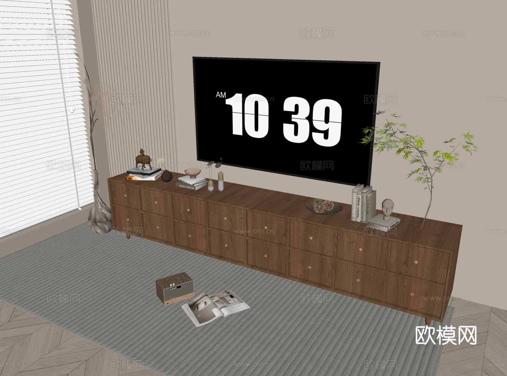原木风电视柜su模型下载（渲染图1）
