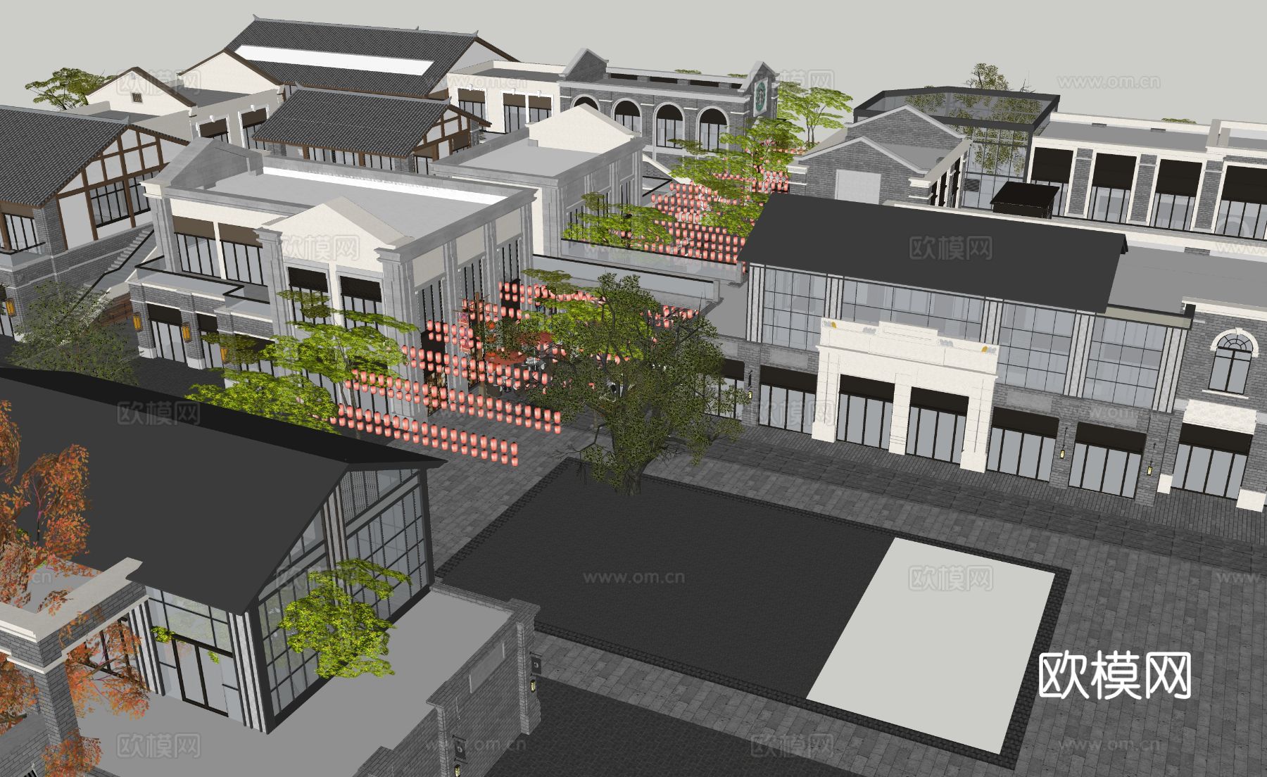 古建筑街道su模型下载（渲染图2）