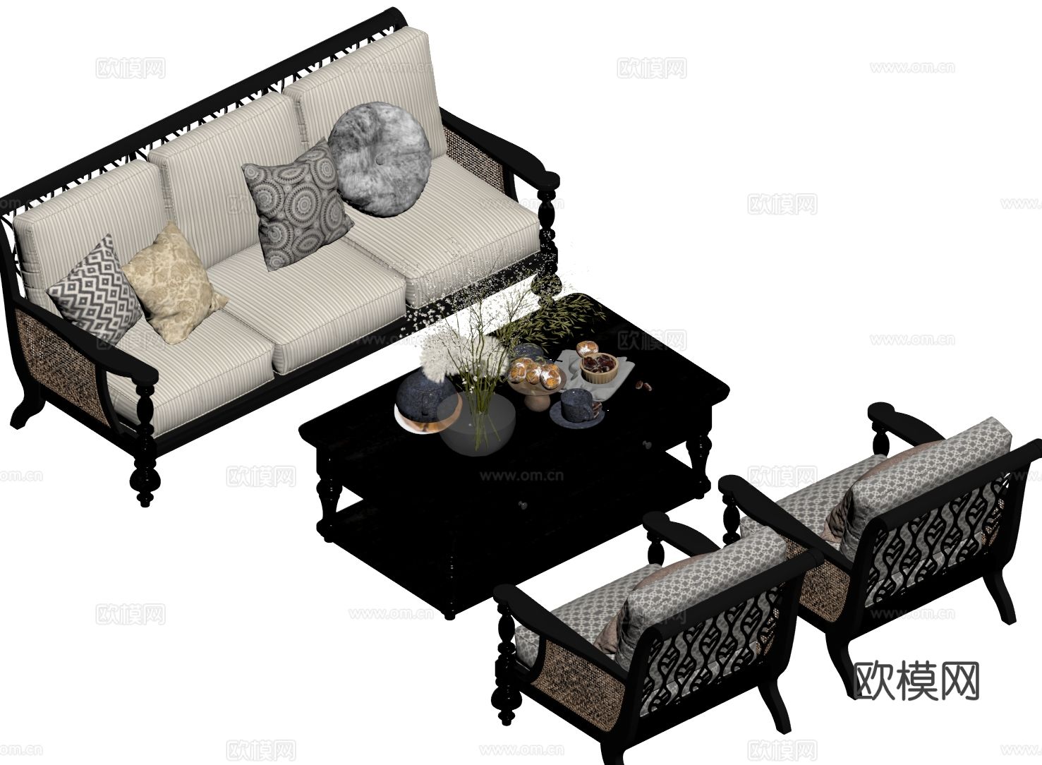 中古风组合沙发su模型下载（渲染图1）