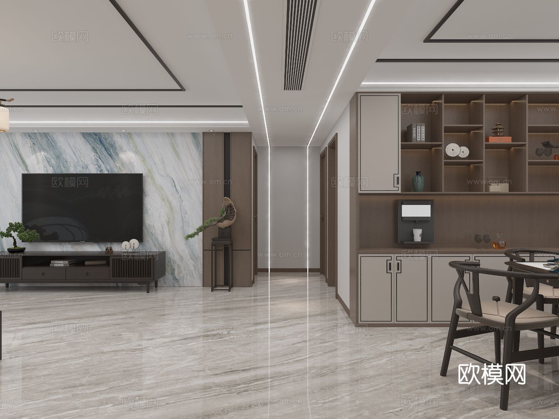 新中式平层 客餐厅装修效果图下载（渲染图3）