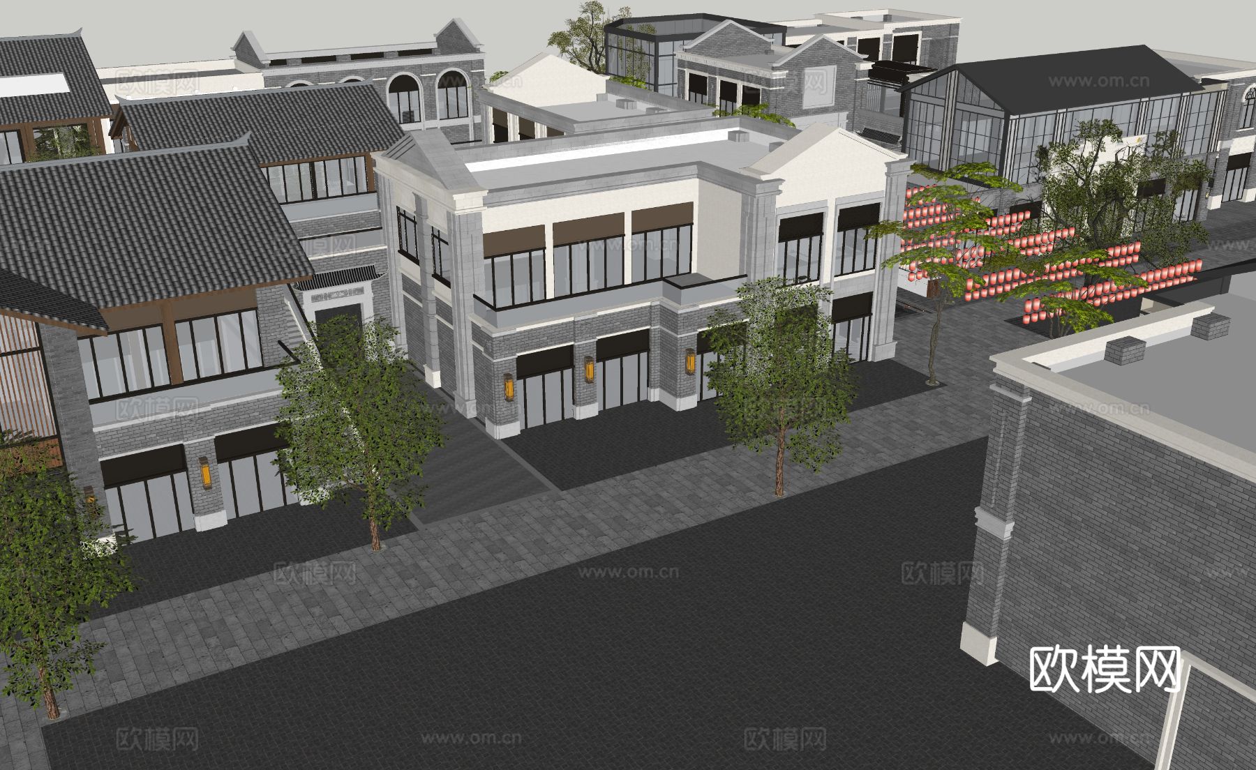古建筑街道su模型下载（渲染图1）