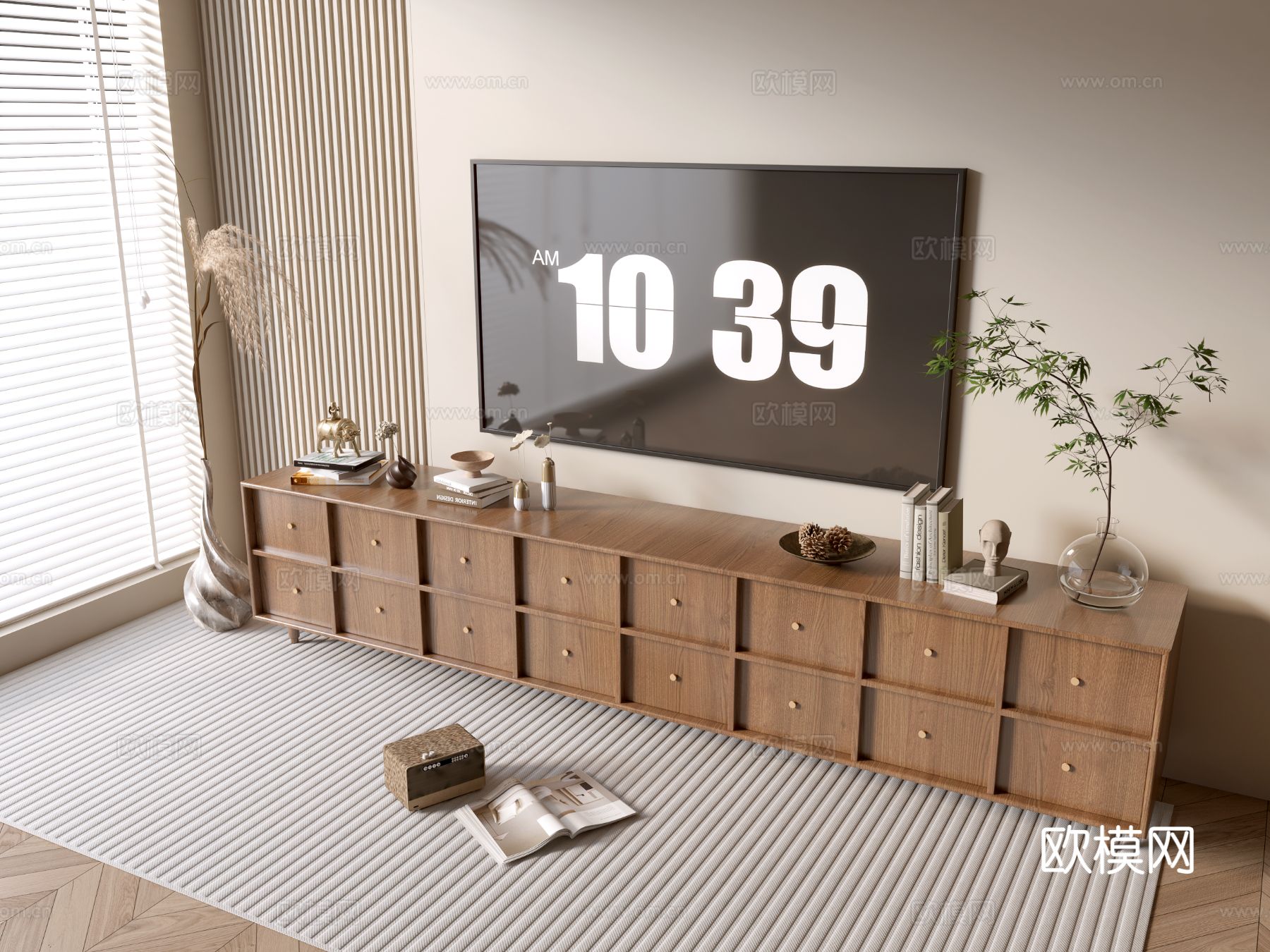 原木风电视柜su模型下载（渲染图2）