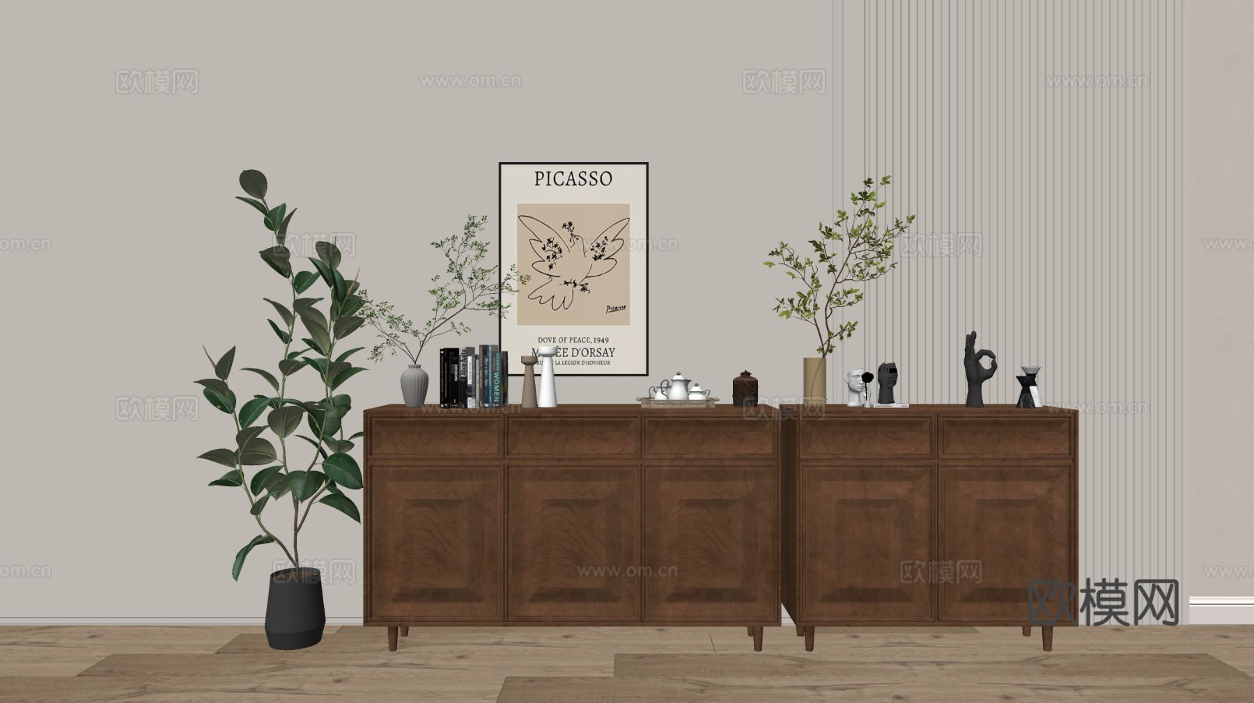 原木风玄关柜 边柜su模型下载（渲染图1）