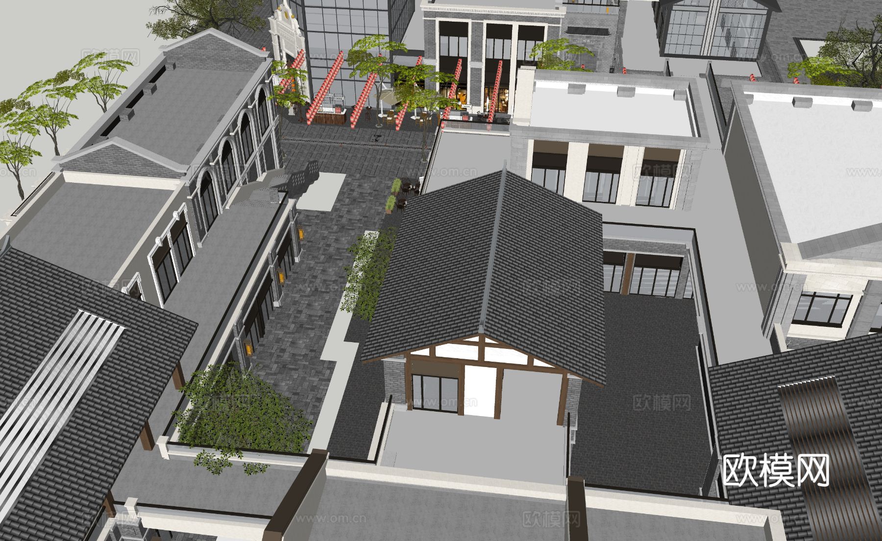 古建筑街道su模型下载（渲染图3）