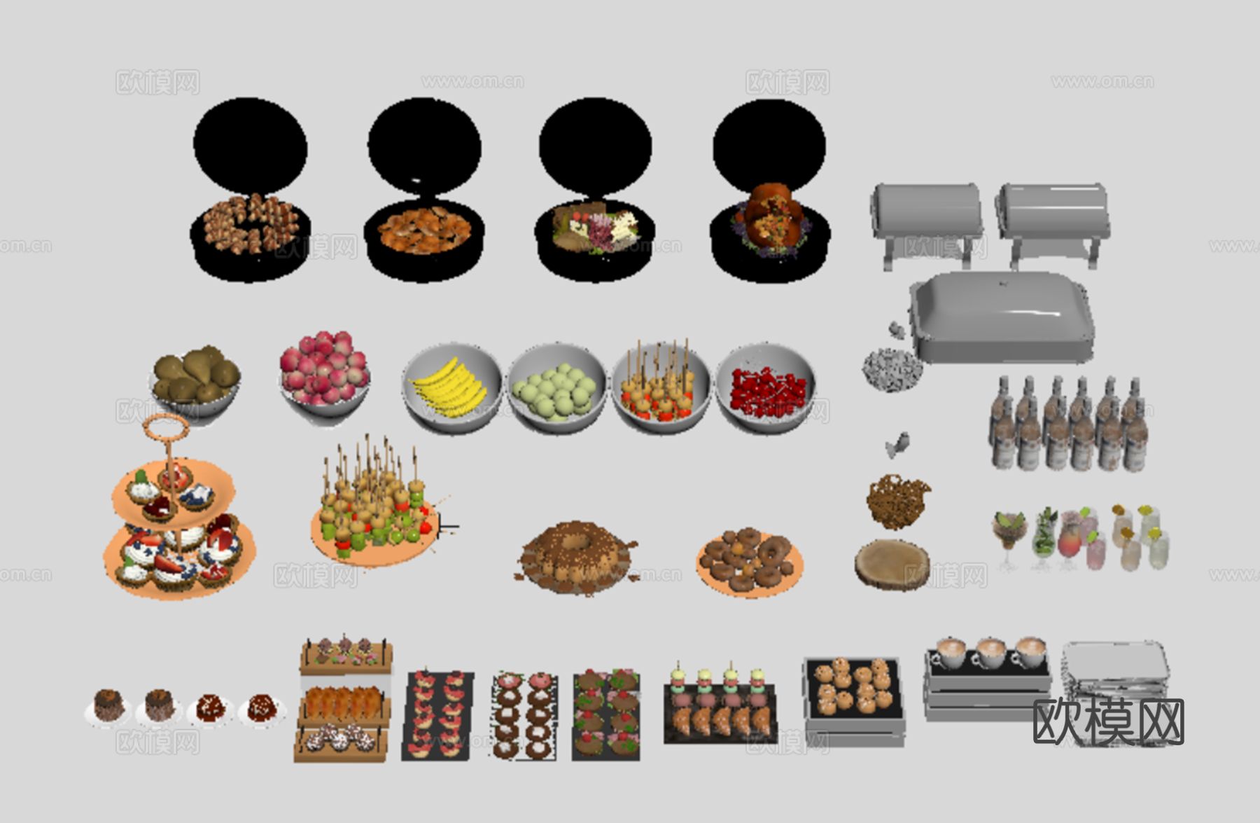 现代自助餐食物 餐具 甜点 水果 果汁su模型
