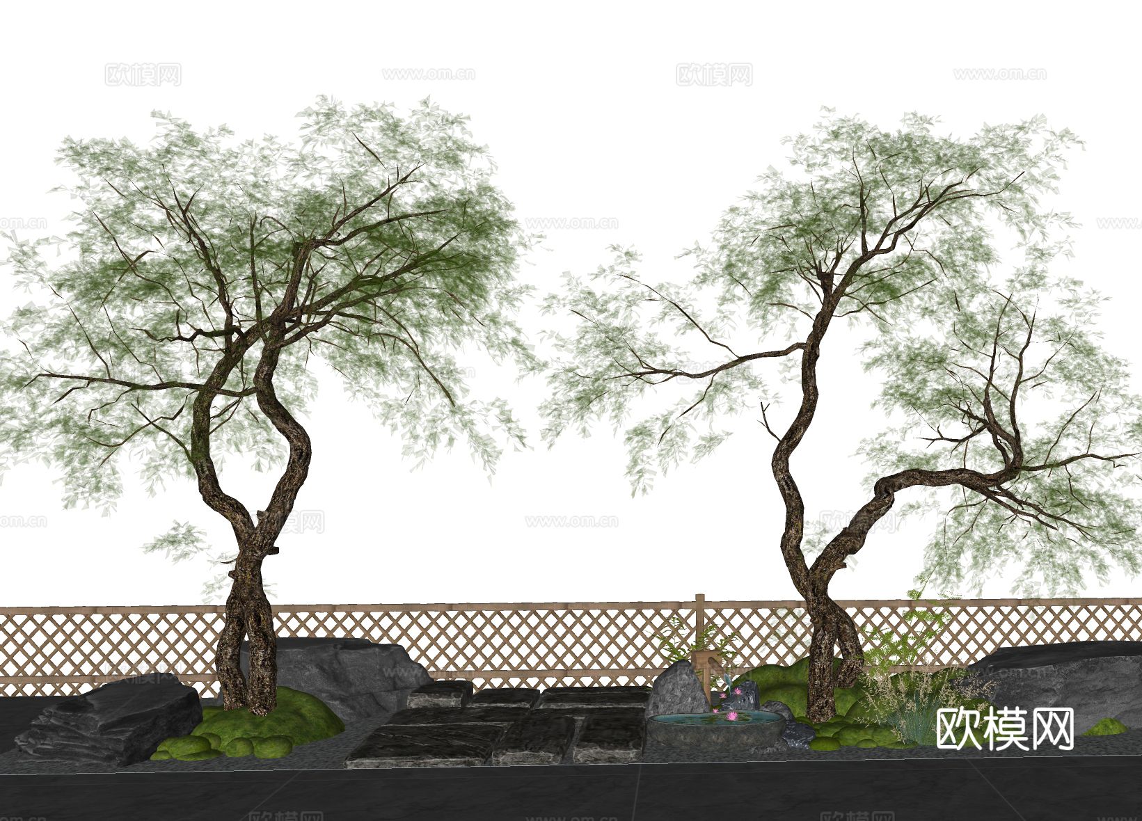 庭院景观造景树  斜飘树 行道树su模型下载（渲染图1）