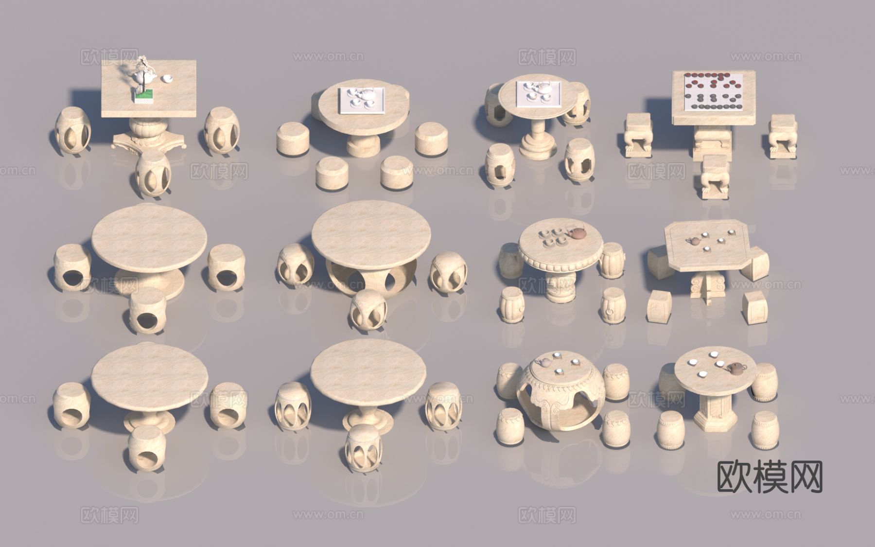 中式石桌椅  户外桌椅 圆桌 石凳3d模型