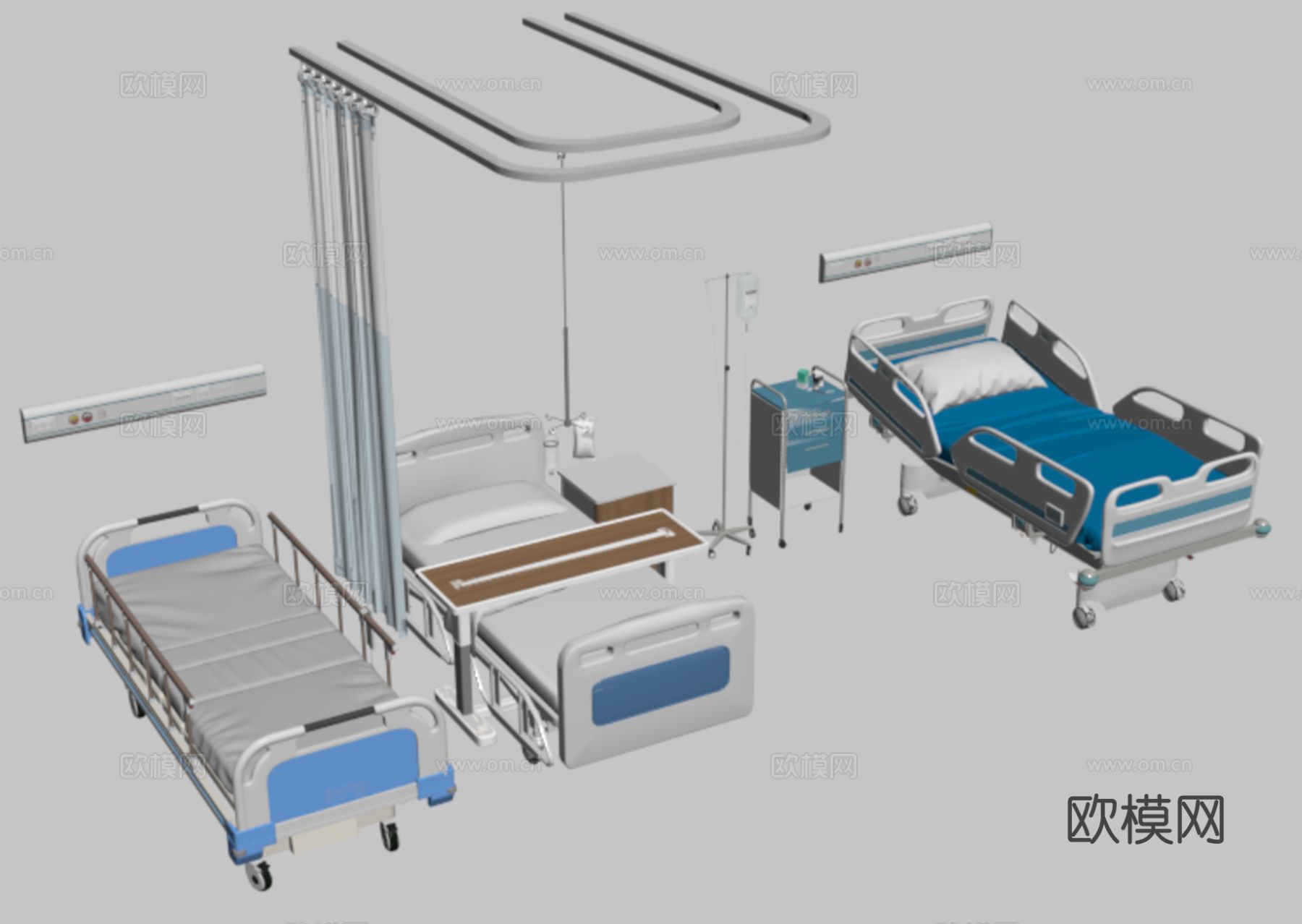 现代医疗设备 病床 吊瓶 治疗车 滑道窗帘su模型