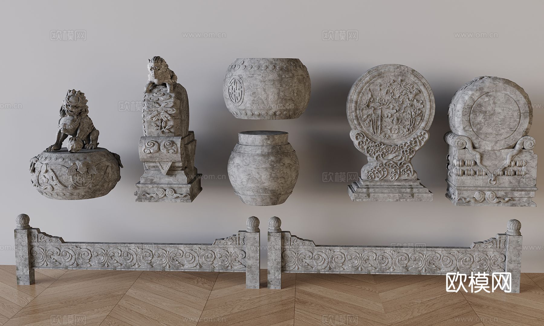 中式石狮子 抱鼓石 石鼓 门墩 石雕石墩3d模型下载